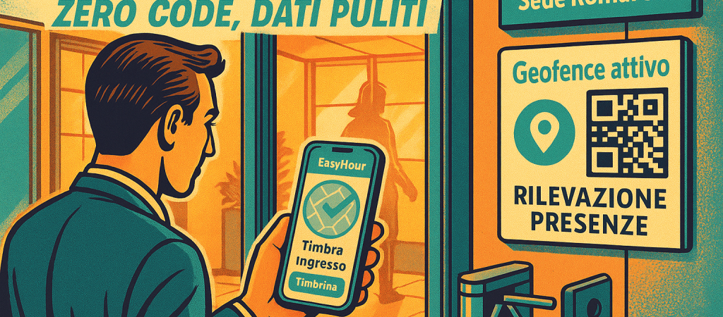 Addio badge: timbratura smart con geofence e QR. Zero code, dati puliti